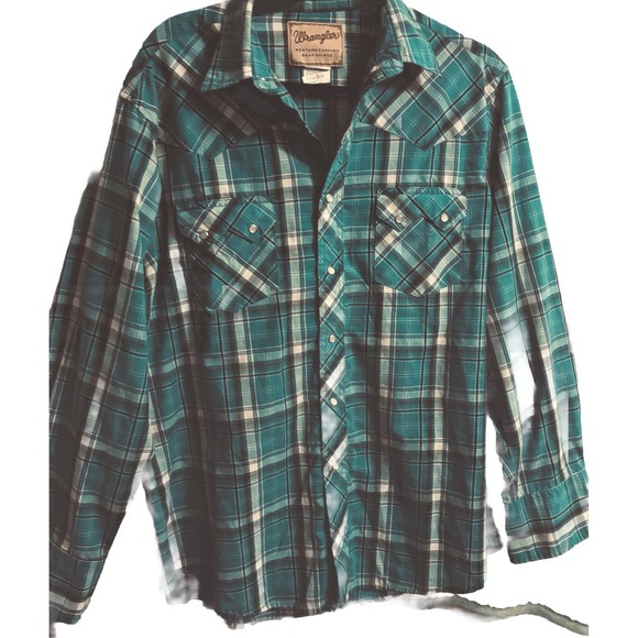 Wrangler Other - Wrangler mens large teal plaid Pearl Snap Western Shirt Long Sleeve Cowboy Rodeo